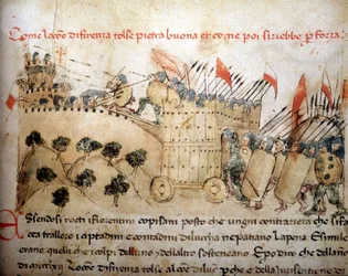 A cidade de Florença conquistou Pietrabuona, que os habitantes de Lucca ocuparam mais tarde - nas «Croniche del Sercambi», cerca de 1400. Arquivo Estatal, Lucca.