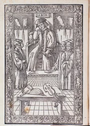 O compositor e teórico musical Pietro Aaron como cadeira entre seus alunos. Ilustração de Toscanello em musica