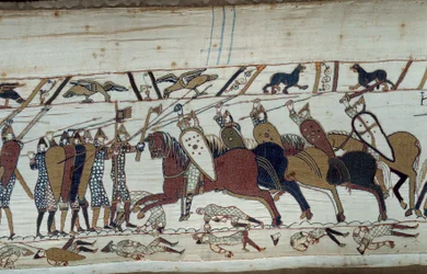 A conquista da Inglaterra pelo Duque da Normandia Guilherme o Conquistador (1027-1087) em 1066: cena da batalha de Hastings contra a infantaria normanda contra a cavalaria saxã Detalhe da tapeçaria de Bayeux ou Bordado da Rainha Mathilde