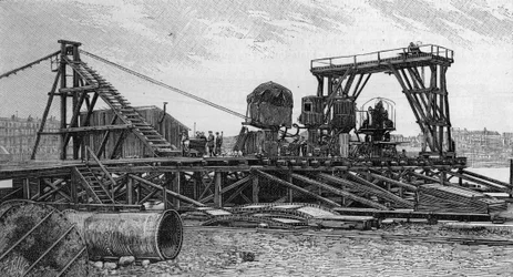 A construção da ponte Mirabeau em Paris (1893): a ponte de serviço (a partir de uma fotografia). Gravura em "La Nature: Revue des sciences et de leurs applications aux arts et a l