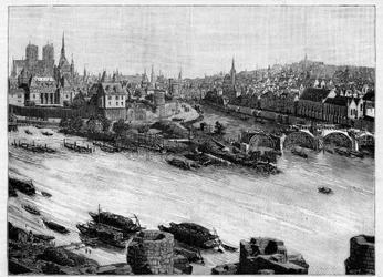 A construção da Pont Neuf em Paris passando pela Praça do Vert-Galant no final da Ile de la Cite. As primeiras obras em 1578. Gravura no "Le Monde ilustre".