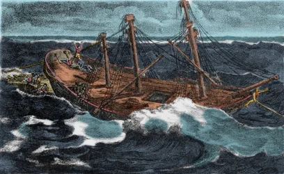 A construção da jangada da fragata “Meduse”, naufragada em 02/07/1816 no banco de Arguin, junto à costa da Mauritânia. Gravura do século XIX