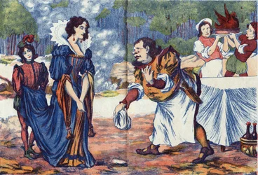 O cozinheiro responde à princesa que ele prepara o banquete de casamento do Riquet. Ilustração anônima de "Riquet a la houppe", conto de Charles Perrault (1628-1703), escritor francês. Imagery Marcel Vagne, Jarville Nancy, sem data (final do século XIX).
