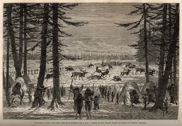 O coral para a caça de renas no Co-Yukon (co-Yukon ou co-Youkouk) (tribo indígena do extremo norte do Canadá). Gravura para ilustrar a viagem e as aventuras na Colômbia inglesa, Ilha Vancouver e Alasca, de Frederick Whymper