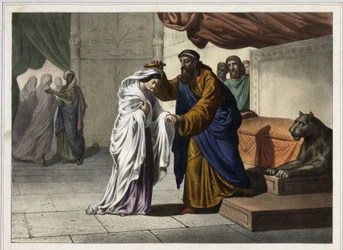 A coroação de Ester: o rei persa Assuero I (Xerxes I) coroa a sua esposa Ester. Gravura anónima do século XIX.