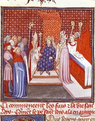 A coroação de São Luís (1214-1270) em 1226. Miniatura das «Grandes Crónicas de França» de Jean Froissart (1337-1400), século XIV. Chantilly, Museu Condé