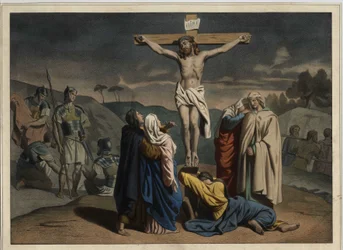 A crucificação de Cristo. Inscrição "INRI" na cruz. Gravura anônima de meados do século XIX.