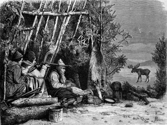 A vida diária dos caçadores (caçadores profissionais) no Canadá: dois caçadores de caribus. A gravura do século XIX.
