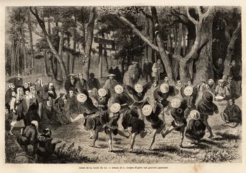 A dança da rodada do arroz, que acontece no 10º mês do ano, diz respeito às culturas cerealíferas. Gravura para ilustrar a viagem ao Japão, de Aime Humbert, ministro da Confederação Suíça, em 1863-1864, publicada em "le tour du monde", und
