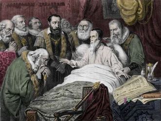 A morte de Jean Calvin (1509 - 1564).
