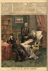 A morte de Jules Ferry (1832-1893), um político republicano, defensor da escola Laique e defensor da expansão colonial. Gravura no "Le petit journal" 1/04/1893. Coleção da Selva.