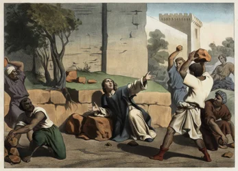 A morte de Santo Estêvão: Santo Estêvão, apedrejado pelos judeus, é considerado o primeiro mártir cristão. Gravura anónima de meados do século XIX.