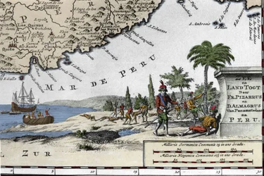 O desembarque dos conquistadores espanhóis Francisco Pizarro (François Pizarre