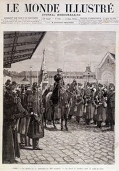 A saída da Companhia do 200º Regimento. A saudação à bandeira na Gare de Lyon. "O Mundo Ilustrado". 23/03/1895. Sorteio.