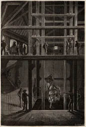 A descida de um cavalo nas minas de Creusot, utilizado em túneis subterrâneos para o transporte de carretas de carvão. Gravura para ilustrar uma viagem ao Creusot e às minas de Saone e Loire, em 1865, por L. Simonin, em "Le tour du monde, nouveau journal d