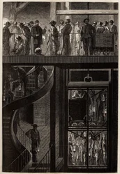 A descida dos mineiros (homens, mulheres e crianças) através da gaiola do elevador para as galerias subterrâneas das minas de carvão de Creusot. Gravura para ilustrar uma viagem ao Creusot e às minas de Saone e Loire, em 1865, por L. Simonin, em "Le tour d