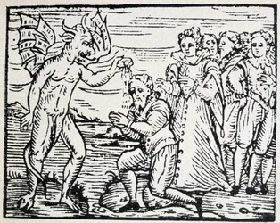 O diabo baptizando homens e mulheres em oração - gravura