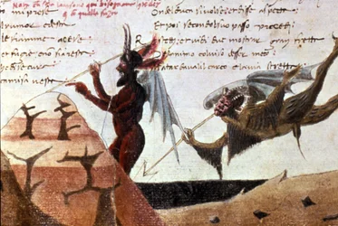 Os demônios em círculo infernal após uma edição manuscrita da Divina Commedia de Dante Alighieri (1265 - 1321) do século XIV. Bibl.Trivulziana Milan.