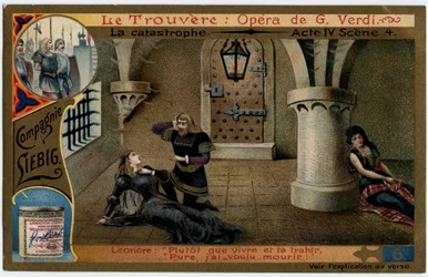 A cena 4 do acto de desastre IV. Ilustração para a ópera "O achado" (Il trovatore) de Giuseppe Verdi (1813-1901). Cromolitografia (Chromo) Liebig do final do século XIX.