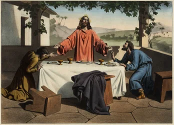 Os discípulos de Emaús (Emaús) encontram o Cristo ressuscitado na noite da Páscoa, que partilha o pão. Gravura anónima de meados do século XIX.