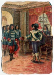 A discórdia entre os três Mosqueteiros e a guarda do Cardeal Jules Mazarin (Giulio Raimondo Mazzarino ou Mazarino) (1602-1661). A cromolitografia do século XIX.