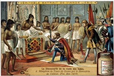 A descoberta da rota das Índias: Recepção de Vasco de Gama pela Samudrin de Calicut, final de Maio de 1498 - vinheta publicitária Liébig