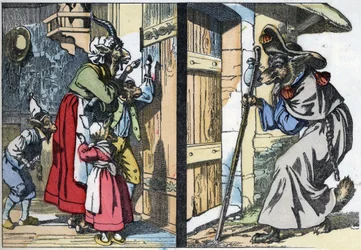 O lobo disfarçado bate à porta da casa com o bode e os biquetes. Ilustração do conto "Compere le Loup, Maitre Renard, Comere la Chevre et ses petits biquets" depois de uma fábula de Jean de la Fontaine. Em "Contos do lar para os pequenos