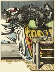 O lobo disfarçado toma o lugar da avó na cama. Ilustração do conto "O Capuchinho Vermelho", de Charles Perrault