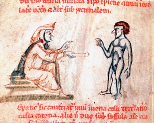 O médico queima o paciente em áreas dolorosas com ferros quentes Miniatura do manuscrito "De Medicina cauteriorum secundum Brunum, Rugerium et Rolthe" Paris, B.N. do século XIII.