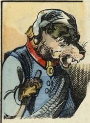 O cão Medor. Ilustração do conto "Bon medor e o Pequeno Chevrette". Em "Contos do lar para os pequenos". Gravura anónima do século XIX.