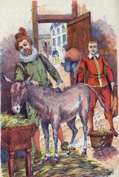 O burro com ecus de ouro. Ilustração do conto "Donkey Skin" de Charles Perrault (1628-1703), escritor francês. Ilustração anônima. Imagery Marcel Vagne, Jarville Nancy, sem data (final do século XIX).