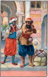 A porta faix. As maravilhosas aventuras de Sinbad (Sindbad), o marinheiro. Conto popular de 1001 noites (mil e uma noites). A cromolitografia do final do século XIX.