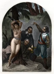 Os dragonnades dos Cevennes sob Louis XIV (1643-1715), perseguição aos protestantes. Gravura de 1842 no "Histoire des popes" de Maurice Lachatre. Coleção privada.