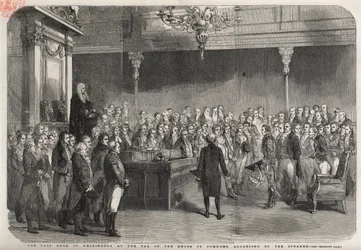 O Duque de Wellington (Arthur Wellesley (1769-1852) (Duque de Wellington) está no bar da Câmara dos Comuns para receber as felicitações do Orador pela sua vitória no Vimeiro, Guerra Peninsular