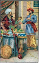 A maçã encantada. História do Príncipe Ahmed e a taxa Paris-Banou (Pari Banou) (Paribanu). Conto de 1001 noites (contos das mil e uma noites). Cromolitografia do final do século XIX.