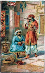 O tubo encantador. História do Príncipe Ahmed e a taxa Paris-Banou (Pari Banou) (Paribanu). Conto de 1001 noites (contos das mil e uma noites). Cromolitografia do final do século XIX.