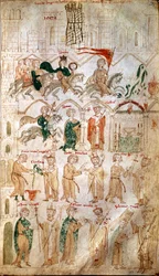A entrada em Roma de Henrique VI do Sacro Império Romano-Germânico (1165-1197) e a sua coroação como imperador em 14/04/1191 pelo papa Celestino III. Página retirada do «Liber ad honorem Augusti» de Pietro da Eboli (Pedro de Eboli) - (códice 120, fol.