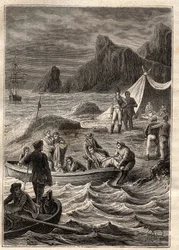 A expedição às terras do sul (1800-1803) por Nicolas Baudin (1754-1803): os doentes de escorbuto foram transportados para terra na Baía de Aventura (Tasmânia, Austrália) - ilustração tirada de "Os Grandes Marinheiros do século XVIII".