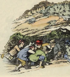 Os fetos do pequeno Poucet escondem-se numa rocha oca para escapar ao ogre. Ilustração do conto "Le Pepetit Poucet" de Charles Perrault