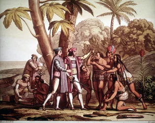 Os primeiros índios que apareceram a Cristóvão Colombo à sua chegada à América, - em «O traje antigo e moderno» de Jules Ferrario