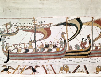 A frota de Guilherme I, o Conquistador (1027 - 1087) a caminho da Inglaterra - Tapeçaria de Bayeux, conhecida como Bordado da Rainha Mathilde
