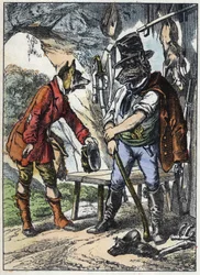 A raposa e o lobo. Ilustração do conto "Good Mom Mom Sheep". Em "Contos do lar para os pequenos". Gravura anónima do século XIX.