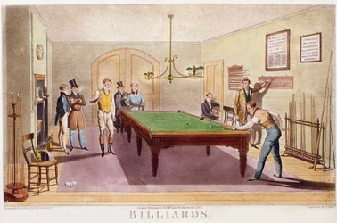 O jogo de bilhar dos Gentilmen da alta sociedade inglesa jogando bilhar. Gravura de 1827. Coleção Privada