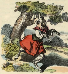 O bode, Pequeno Chevy. Ilustração do conto "Bon medor e o Pequeno Chevrette". Em "Contos da casa para os pequenos". Gravura anónima do século XIX.