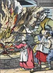 O bode e as bugigangas pegam fogo à chaminé. Ilustração do conto "Compere le Loup, Maitre Renard, Comere la Chevre et ses petits biquets" depois de uma fábula de Jean de la Fontaine. Em "Contos da casa para os pequenos". Gravura anónima