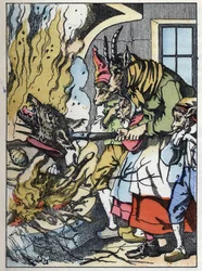 O bode mata o lobo na chaminé. Ilustração do conto "Compere le Loup, Maitre Renard, Comere la Chevre et ses petits biquets" depois de uma fábula de Jean de la Fontaine. Em "Contos da casa para os pequenos". Gravura anónima do 19t