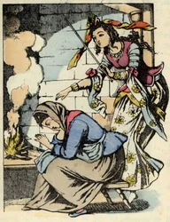 A boa taxa de Cinderela e Cinderela. Ilustração do conto de Charles Perrault "Cinderela ou La petite slipper de verre".
