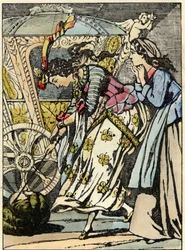 A fada boa transforma a abóbora numa carruagem diante dos olhos da Cinderela. Ilustração do conto de Charles Perrault «Cinderela ou O pequeno sapato de vidro»