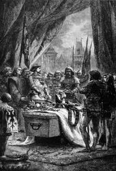 O governador colocou as chaves do Chateauneuf de Randon no caixão de Bertrand Du Guesclin (1320 - 1380), um homem de guerra bretão e um patriota francês contra os ingleses. Gravura do século XIX.