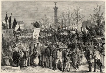 A feira do presunto, Boulevard Bourdon, no 4º arrondissement de Paris, perto da Place de la Bastille. Um cartaz anuncia a carne de tainha (Hippophagia). Gravura em "The Universe illustrious" (O Universo ilustre)